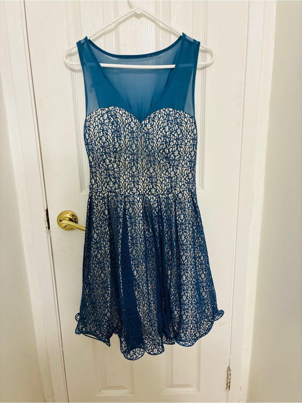 Chi Chi London Teal Mesh & Lace Fit-and-Flare Mini Dress